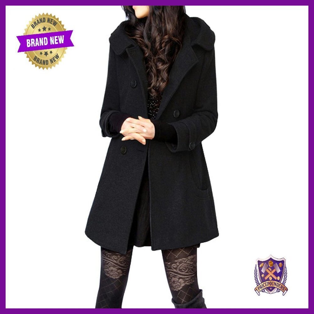 Wool Pea Coat with Hood, Double Breasted, Women's Winter Trench